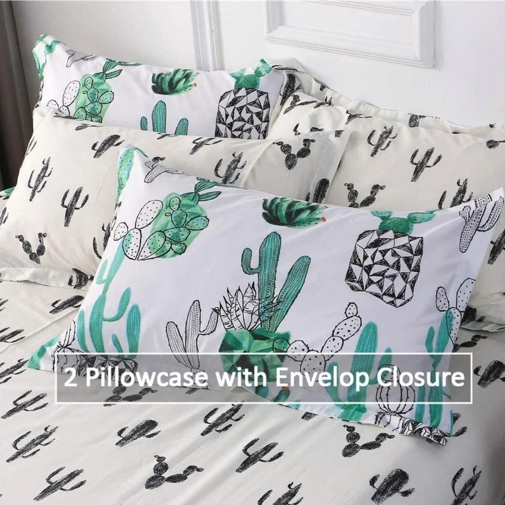 Cotton Twin Bedding Duvet Cover Sets Green Black Cactus Printed in White Ivory